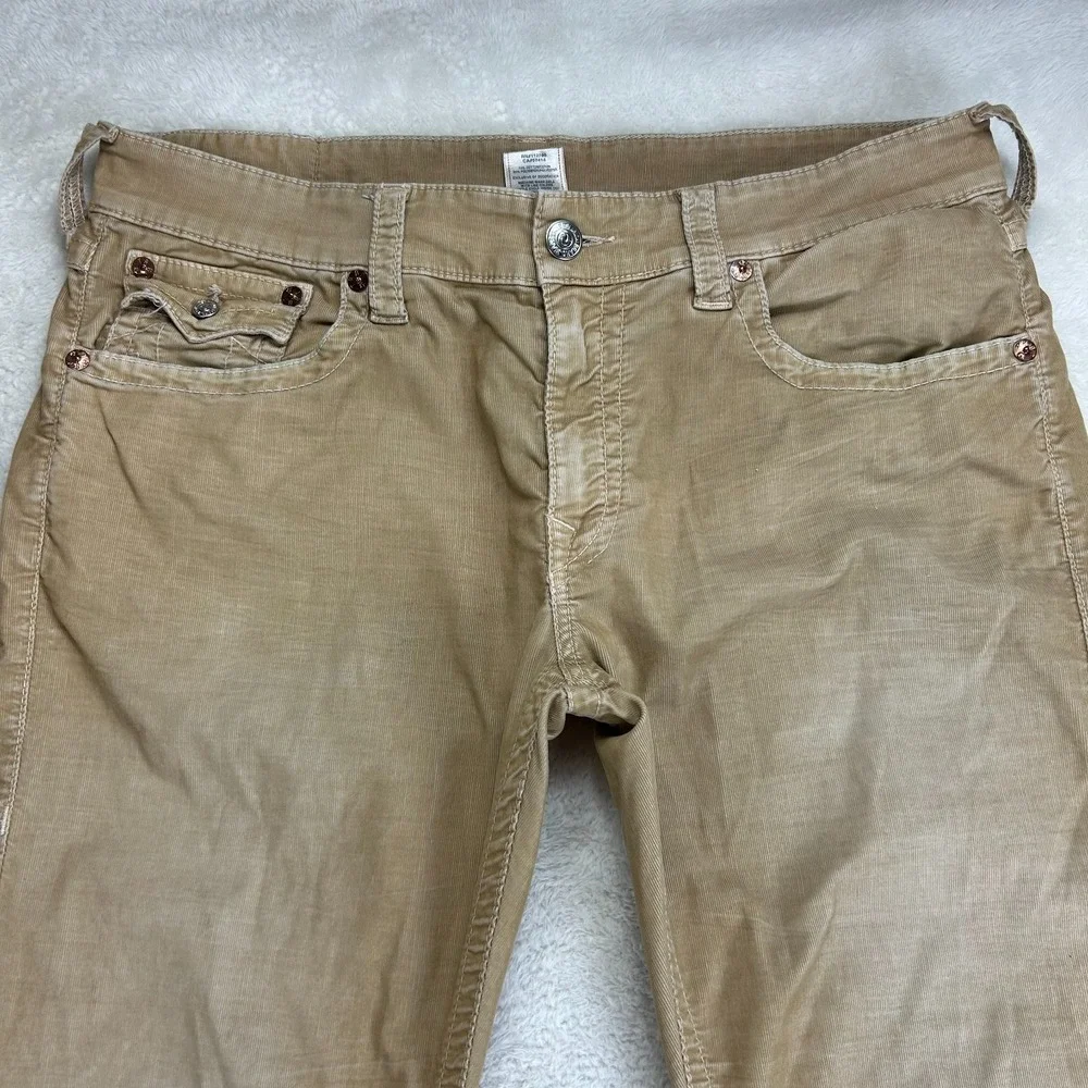 True Religion Ricky Corduroy Khaki Pants Mens 36 Tan Straight Leg Distressed